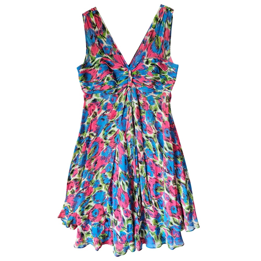 Donna Ricco New York 100% Silk Abstract Floral Ikat Ruffle Dress Blue Pink 8